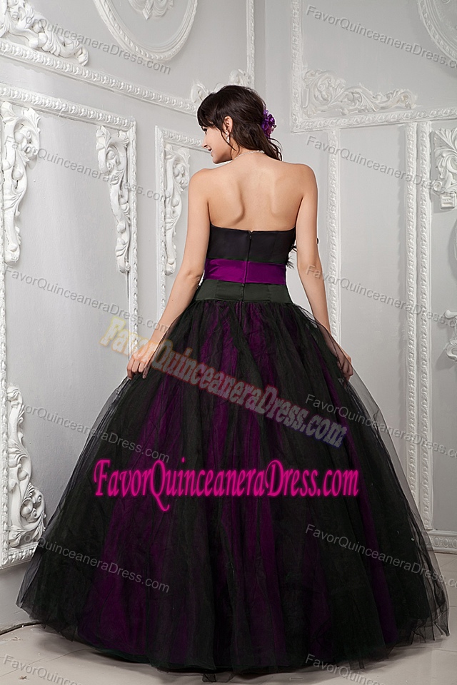 Latest Black and Fuchsia Strapless Dresses for Quinceanera in Tulle