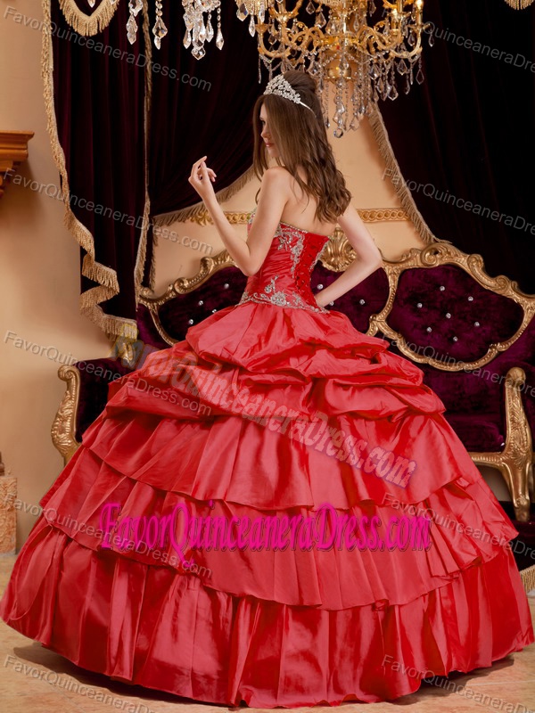 Coral Red Ball Gown Floor-length Taffeta Quinceanera Dress with Appliques
