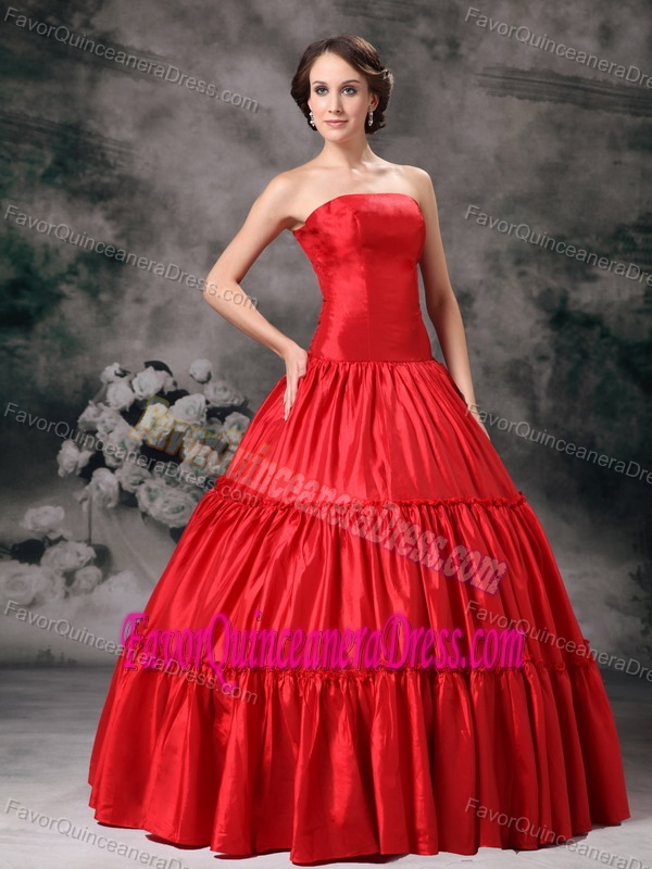 Red Modern Ball Gown Strapless Taffeta Dresses for Quince in Floor-length