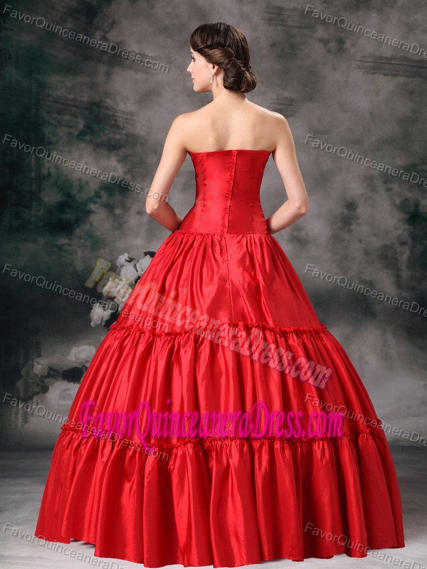 Red Modern Ball Gown Strapless Taffeta Dresses for Quince in Floor-length