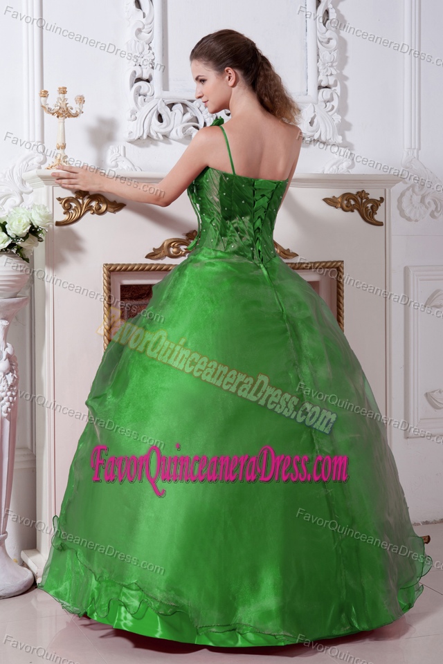 Beaded Sleek One Shoulder Green Taffeta and Organza Quinceanera Dress