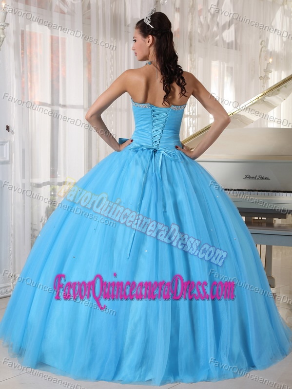 Sweetheart Tulle Beaded Aqua Blue Dress for Quinceaneras with Bowknot