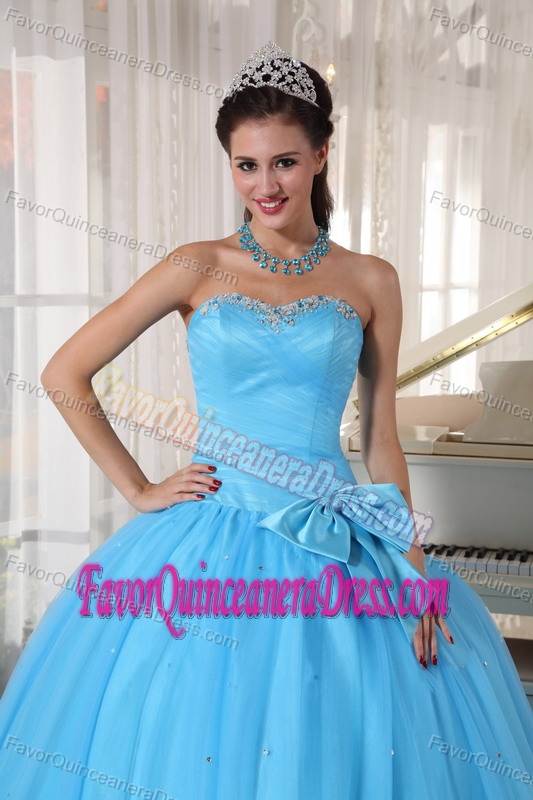 Sweetheart Tulle Beaded Aqua Blue Dress for Quinceaneras with Bowknot