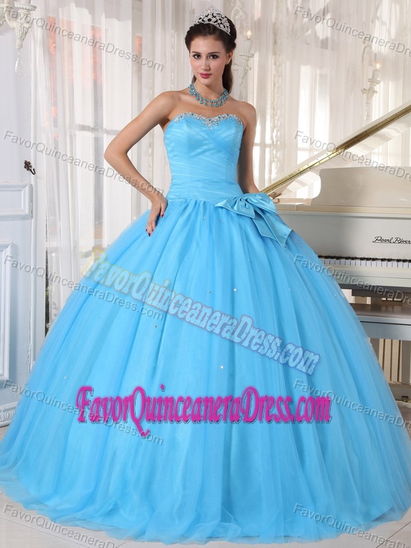 Sweetheart Tulle Beaded Aqua Blue Dress for Quinceaneras with Bowknot