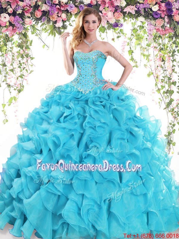 Baby Blue Ball Gowns Beading and Ruffles Sweet 16 Dress Lace Up Organza ...