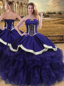 Shining Purple Ball Gowns Organza Sweetheart Sleeveless Beading and Ruffles Floor Length Lace Up Quinceanera Dresses