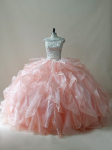 Custom Designed Peach Off The Shoulder Zipper Beading and Ruffles Quince Ball Gowns Sleeveless