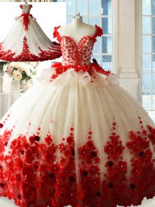 White And Red Zipper Sweet 16 Quinceanera Dress Hand Made Flower Sleeveless Brush Train