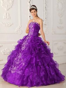 Strapless Satin and Organza Embroidery Dress for Quinceanera in Purple