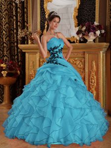 Affordable Ruffled Appliqued Teal Organza Quinceanera Gown on Promotion