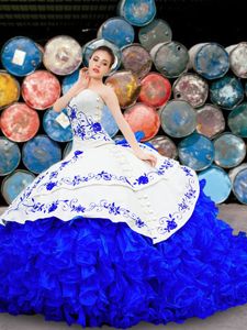 Artistic Sleeveless With Train Beading and Embroidery and Ruffles Lace Up Sweet 16 Quinceanera Dress with White And Red Brush Train