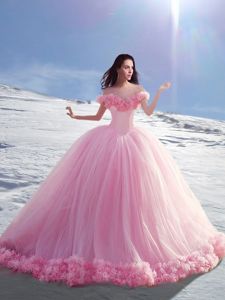 Off the Shoulder Rose Pink Tulle Lace Up Sweet 16 Dress Cap Sleeves Court Train Hand Made Flower